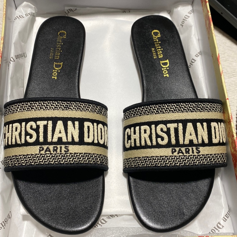 DWAY SLIDE Black Embroidered Cotton